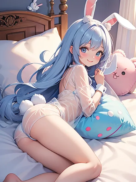 Cheerful bunny girl, see-through attire, caring smile, reverse bunny, holding a huge stuffed toy, lie on back, on the bed, fluffy pillows,   leg up , beautiful butt , focus on butt, super close up