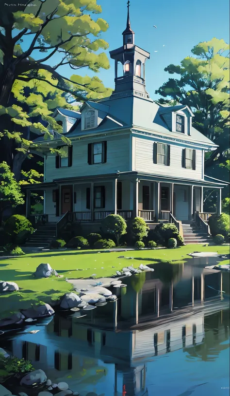 Realistic, Real life, Beautiful old colonial big house on the hill, Laurie Grizzly Style, Studio Ghibli, Akira Toriyama, by james gilleard, GenshinImpact, Trending pixiv fanbox, Acrylic spatula, 4K, Vibrant colors, Devinart, Trending in art stations