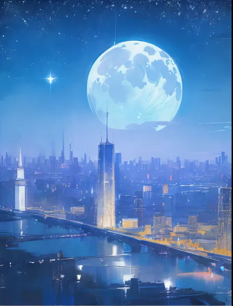 the met、Painting of a river with stars and moon in the sky、the met、Skyscrapers、Concept art inspired by Mitsuoki Tosa、top-quality、Bright moon、Moonlit star environment、Dream painting、Anime Background Art、Fantastic art、Detail Enhancement