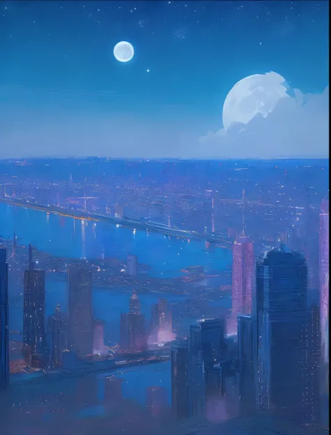 the met、Painting of a river with stars and moon in the sky、the met、Skyscrapers、Concept art inspired by Mitsuoki Tosa、top-quality、Bright moon、Moonlit star environment、Dream painting、Anime Background Art、Fantastic art、Detail Enhancement