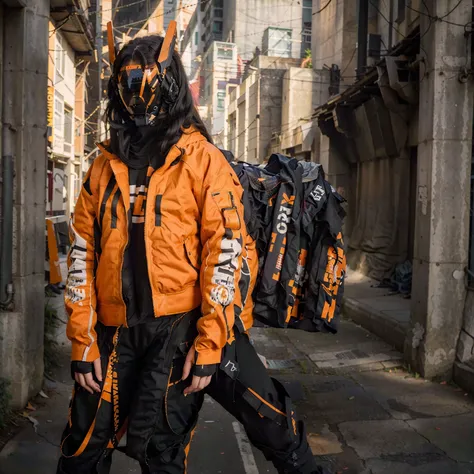 (original: 1.2), masterpiece, best quality, a woman with a fantastic cyberhelmet, wearing a orange techwear jacket, cool pose, long legs, on the street