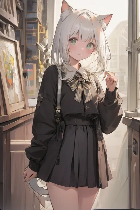 Cat ears, White hair, People drawing，Teenage girl，short  skirt