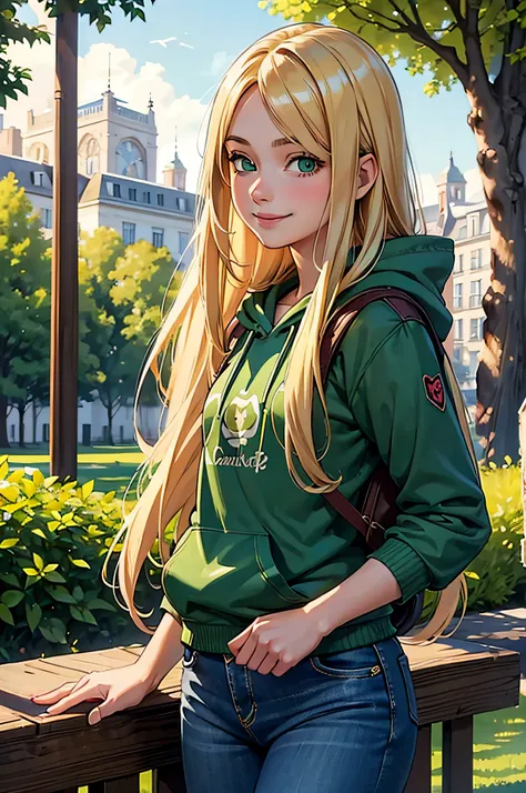 14 years old, girl, long blonde hair, flowing blonde hair, green eyes, colorful hoody, jeans and backpack, smiling sincerely, masterpiece, high quality, standing in a parc in town.