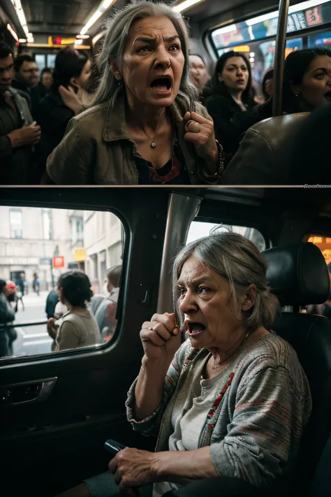 (highres, realistic:1.37),angry elderly woman,gray hair,shouting inside bus,wrinkled face,ferocious expression,mad eyes,distant background,other passengers,interior bus scene,city street view,distressed clothing,packed crowd,low light,urban atmosphere,expr...