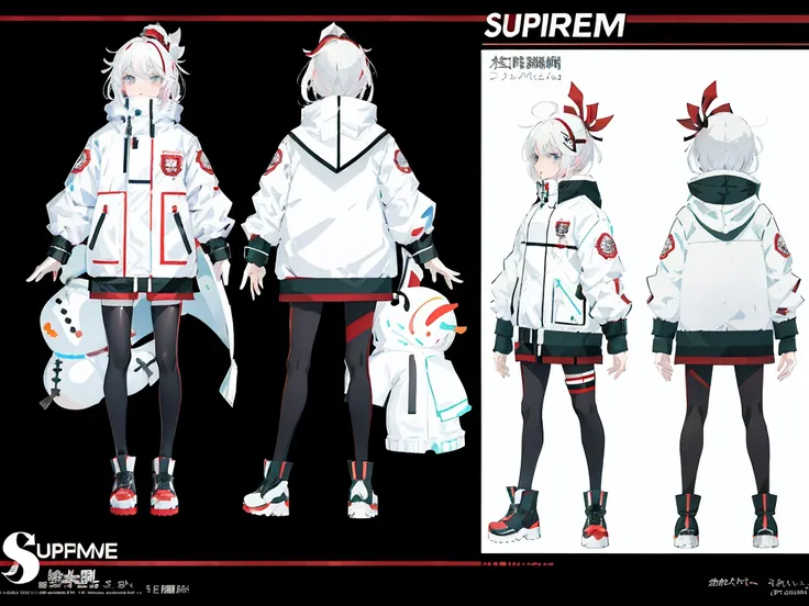 supreme， Insulated jacket &quot;snowman&quot;，white colored hair，white eyes，Standing on your feet，submachine gun，Chinese girl design，Detailed Genshin graphics，anime character design，anime concept art，pretty anime character design，anime character reference ...