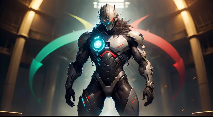 Man in futuristic supersuit fighting omni man, covers full body, turquoise and gray, red glowing eyes, large steel x over chest, helmet