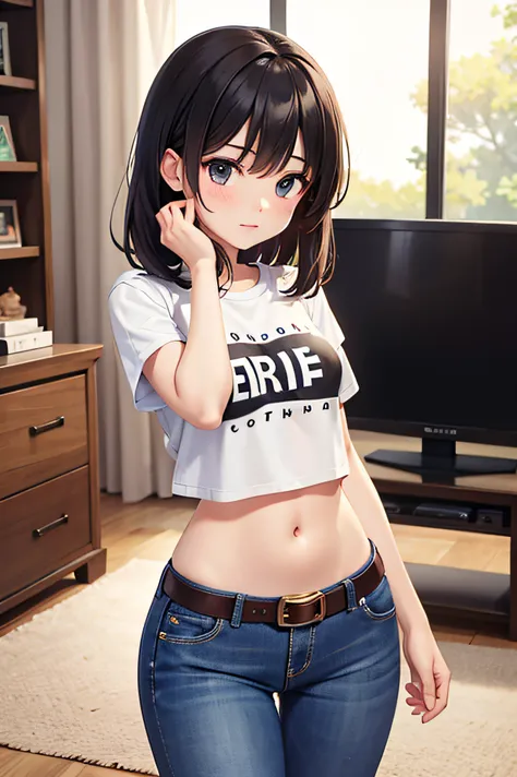 crop top, t shirt,1 girl, solo, medium breasts, belt, tummy, living room, hand covering face, jeans