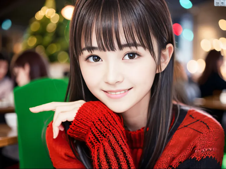 (Close-up portrait of brown half-up long hair of girl with blunt bangs and girl with black short hair wearing colorful winter knitted sweater and shirt:1.5)、(Girls have a Christmas party with smiles in a cafe at night:1.5)、( Blurry background,:1.5)、(Perfec...