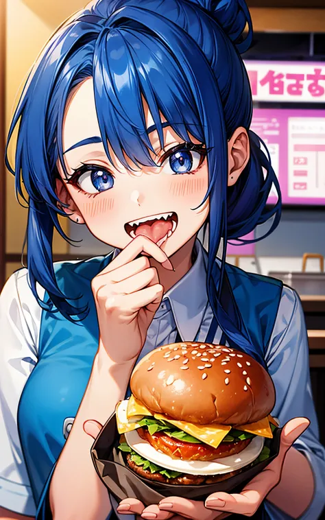 Perfect human body、She opened her big mouth、Biting into one very small hamburger、Inside a fast food restaurant、blue ponytail、Boldly smile、high-school uniform、I got closest to that smile