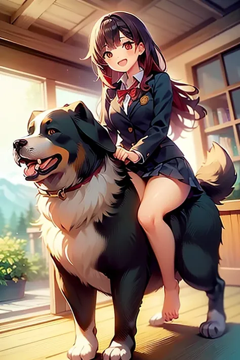 1girl, best quality, masterpiece, cute anime girl riding on a bernese mountain dog (dog), tall, barefoot, big butt, big thighs, schoolgirl outfit, smiling, red hair, in a house