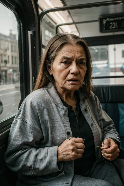 (a grumpy old woman:1.1,angry,grumpy,casual clothes,shouting,inside the bus),oil painting,ultra-detailed,realistic,professional,portrait,stark colors,warm lighting