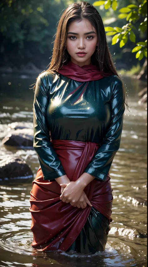 Malay woman wearing baju kurung ,standing in the water, long sleeves, close-up fantasy with water magic, beautiful girl, big breast, long brown hair, wet hair, wearing a dress made of water, realistic oil painting, soaking wet, in the water high knee lengt...