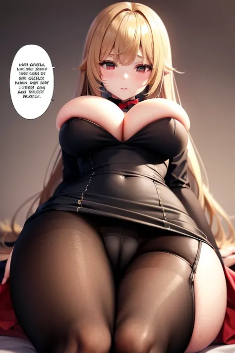 masterpiece, best quality, finely detailed, 1girlgiant, (blonde hair), wavy hair, (Bishoujo), shy, cute, (red eyes), (Cilia), (medium breasts), black asymmetric, black short skirt , black pantyhose, without hunting, showing panties