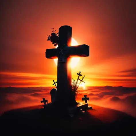 Cross grave with red background