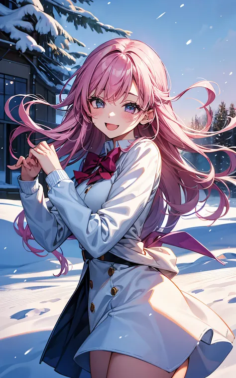 Perfect human body、She is wearing a high school uniform and has a pink side tail.、Dancing with joy in the winter snowfall、((fantastic landscape))、Sparkling snow dances、schools、natta、I got closest to that smile