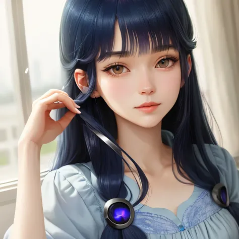 Bluelock Panel anime, Long  straight Navy blue hair with bangs, lavender eyes long eyelashes, lavender hair clip, pale skin and clean skin.