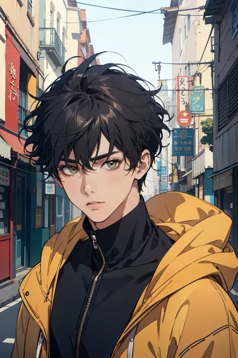 ((best quality)), ((masterpiece)), (detailed), perfect face, 1boy, solo, handsome, yellow hoodie, curly black hair, looking at viewer, portrait, talking to viewer, Fujimoto Style