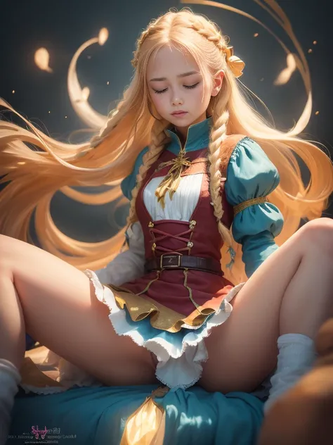 1girl, solo, full body, (masterpiece:1.21), (best quality:1.2), colorful, (illustration:1.2), (cinematic lighting:1.1), (spread legs:1.3), peasant medieval dress, floating dress, magic lights, levitating, , blonde hair with braids, magical lights in her ha...