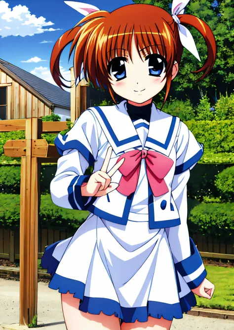 ultra-detailliert, hight resolution, 8ｋimagen、nanoha,(realistic, photorealistic: 1.4),1girl in、the hands are a cute peace sign、独...