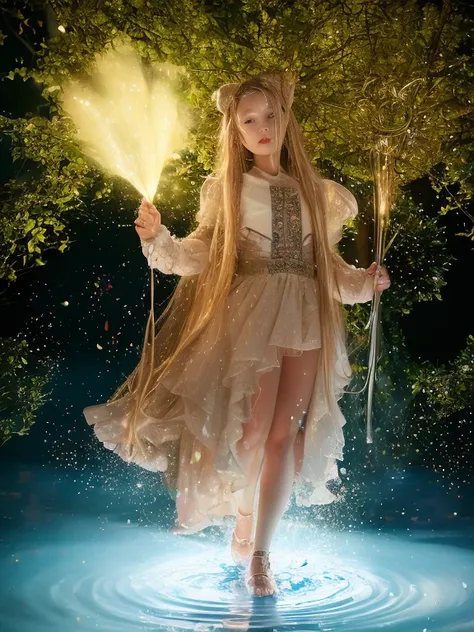 1girl, solo, full body, (masterpiece:1.21), (best quality:1.2), colorful, (illustration:1.2), (cinematic lighting:1.1), peasant medieval dress, floating dress, magic lights, levitating, genitalia visible, blonde hair with braids, magical lights in her hand...