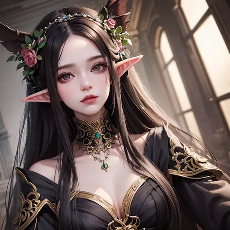 a woman with long hair and a flower in her hair, detailed matte fantasy portrait, fantasy concept art portrait, fantasy portrait art, Portrait of an elf queen, fantasy art portrait, dark fantasy portrait, art portrait epic fantasy portrait, fantasy portrai...