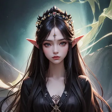 a woman with long hair and a flower in her hair, detailed matte fantasy portrait, fantasy concept art portrait, fantasy portrait art, Portrait of an elf queen, fantasy art portrait, dark fantasy portrait, art portrait epic fantasy portrait, fantasy portrai...