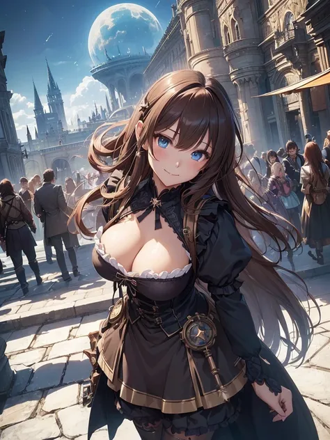 top-quality、Top image quality、​masterpiece、Beautiful Gothic girl((24 year old、Best Bust、big bast、Bust 90,Beautiful blue eyes、,Brown hair long hair、A slender、a closeup、steampunk cannon、With weapons、fight、Esbian、Gothic Maid costume、beautiful apron、hiquality、...