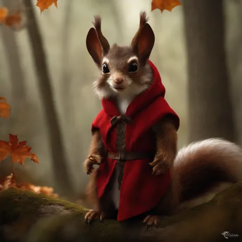 gremlin, Like a squirrel, Huge eyes, large ears, horns near the ears, big nut in paws, white and red fur, Big fluffy tail, brown vest with hood, The clothes, standing in the woods, Best Quality, Masterpiece, in style of dark fantasy art