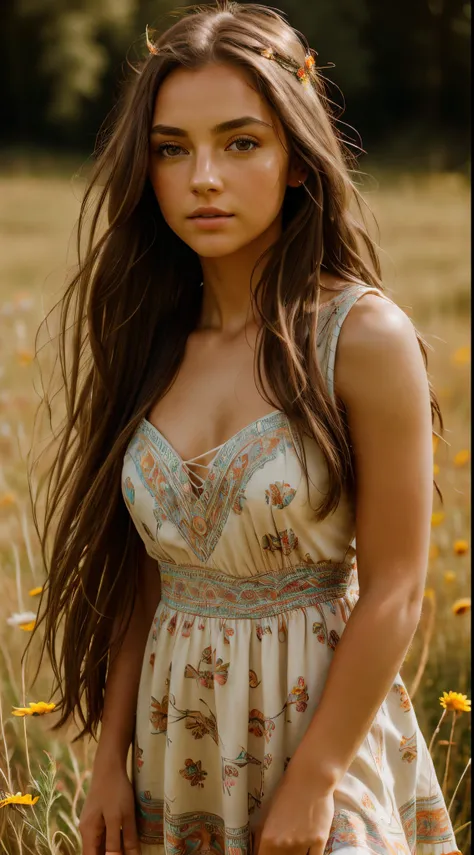 Realistic, ultra HD, raw photos, ultra details, 1 girl, solo, brunette hair, fair skin, detailed skin textures, detailed face, detailed lips, bright eyes, floral dress, meadow, breeze, back light, ray trace, content feelings