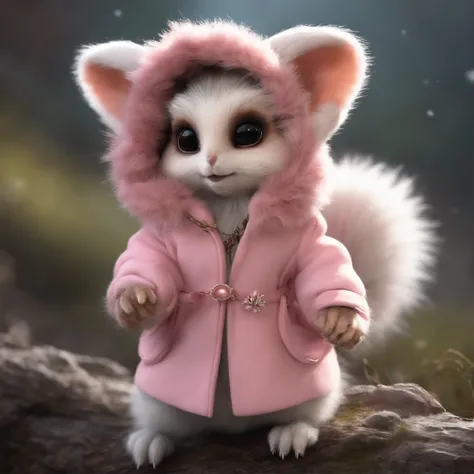 gremlin, Like a squirrel, petite girl, big breastes, Huge eyes, large ears, big carrot in paws, white and pink fur, short tail, pink wool coat, The clothes, Best Quality, Masterpiece, in style of dark fantasy art