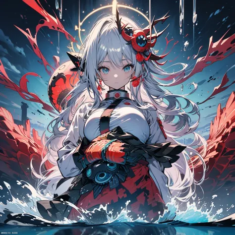 anime illustrated、Dark Fantasy、Silver-haired black shrine maiden floating in water.、Huge shrine on the ocean floor、Brilliant coral reefs、thick thighs、ocean serpent、floating red jellyfish、Colossal tits、Plump body、Exposing breasts