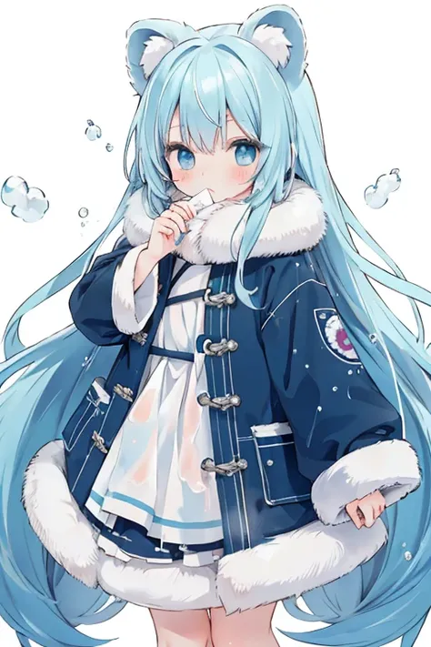 Kawaii Girl,aqua hair,Dark blue eyes,Very long straight hair,Tanuki ears,P coat,Shy face,(A large amount of white liquid is sprayed from the face and feet.),Holding a pocket tissue in your hand,Looking at Viewer,White background