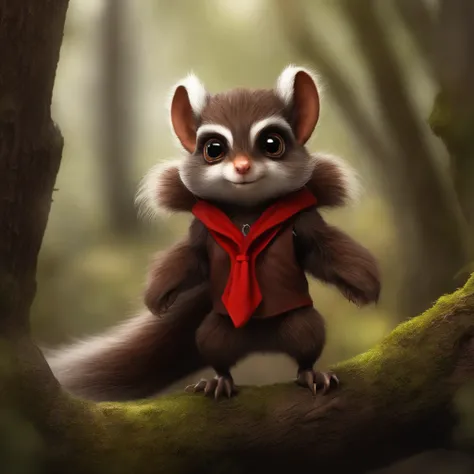 gremlin, Like a squirrel, squirrel looks like an assassin, Huge eyes, large ears, horns near the ears, big nut in paws, white and red fur, Big fluffy tail, brown vest with hood, The clothes, standing in the woods, Best Quality, Masterpiece, in style of dar...