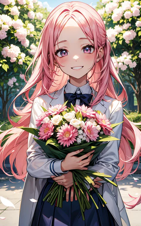 Perfect human body、5 head body、Girl with pink hair、Wearing a high school uniform、A big smile、holding a large bouquet of flowers in both hands、Fluttering petals、Spring Park、I got closest to that smile、refer５