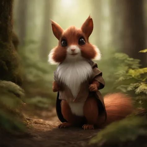 gremlin, Like a squirrel, Huge eyes, Large tasseled ears, big nut in paws, white and red fur, Big fluffy tail, brown vest with hood, The clothes, stands in the summer forest, Best Quality, Masterpiece, in style of dark fantasy art