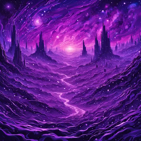 This realm of Oblivion bathed in a purple sky Stars splattered like flecks of paint, in futurism art style