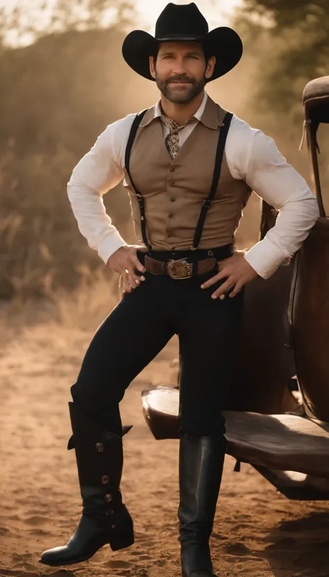 paul rudd, male with a black cowboy hat, naked, vintage posing, full body, black bootstraps/suspenders and lace underwear, various poses, HD 8k high quality, gay