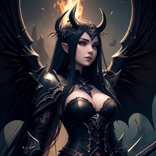 a woman with horns and a sword in front of a bonfire, dark fantasy style art, detailed fantasy art, demon anime girl, Villainy has dark angel wings, Epic Fantasy art style HD, dark fantasy art, Angel Knight girl gothic, epic fantasy art style, by Yang J, R...