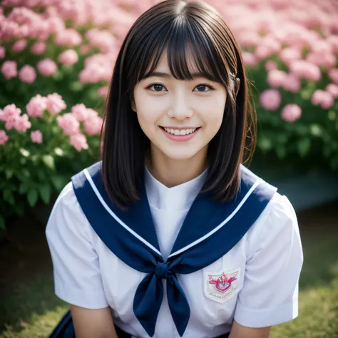 woman face closeup、a portrait photo of, Japan Person Model, 17-year-old female model,  4K、bangss、A dark-haired、bobhair、Middle hair、Straight hair、(white  shirt, Sailor School Uniform, Dark blue pleated skirt:1.2),　(Super cute face in idol style:1.2)、Perfect...