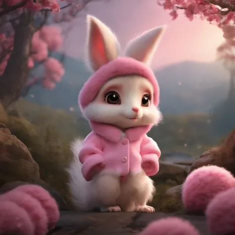 gremlin, Like a squirrel, petite girl, big breastes, Huge eyes, large ears, big carrot in paws, white and pink fur, short tail, pink wool coat, The clothes, Best Quality, Masterpiece, in style of dark fantasy art,  kpop style