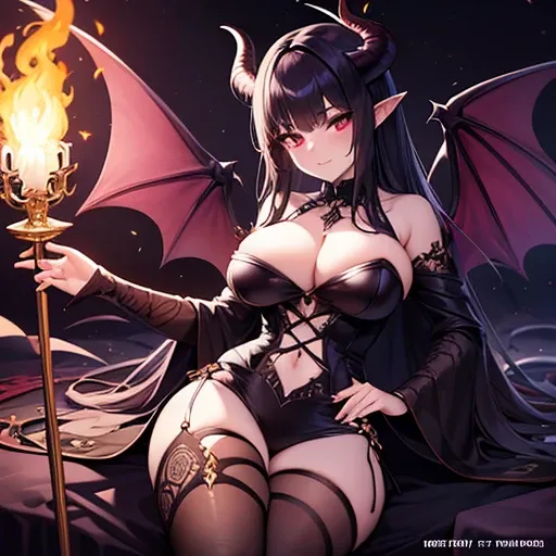 (Masterpiece), (Highly quality), (Highly detailed), close-up, a woman with horns and a sword in front of a bonfire, sexy dark fantasy style art, detailed fantasy art sexy, demon anime girl, Villainy has dark angel wings, Epic sexy Fantasy art style HD, dar...