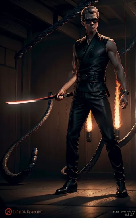 ((albert wesker)), shirtless:1.2, wearing elegant japanese hakama, black boots, wearing circular sunglasses, glowing red eyes, m...