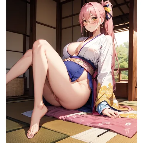 Full body girl, pregnant, cum on thighs, huge belly, cum on belly, huge breasts, cum on breasts, lactation, lactation through clothes, yellow eyes, glasses, shy, exhausted, earrings, hair ribbon, long hair, side ponytail, pink hair, tsundere, embarrassed, ...