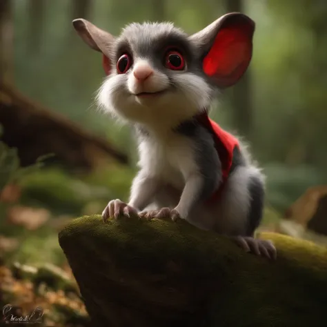 gremlin, Like a squirrel,真实感, realism, Huge eyes, large ears, horns near the ears, big nut in paws, white and red fur, Big fluffy tail, brown vest with hood, The clothes, standing in the woods, Best Quality, Masterpiece, in style of dark fantasy art