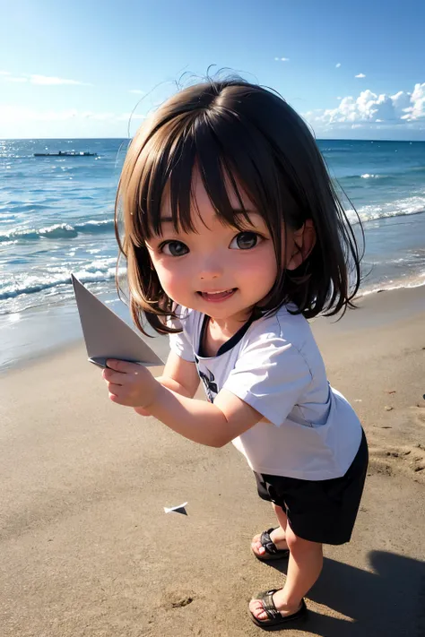 small child outdoors，portrait of a full body，5years old，((paper airplane))，happily laughing，mini cute toddler、Taken from the side、Strong bokeh、sand beach