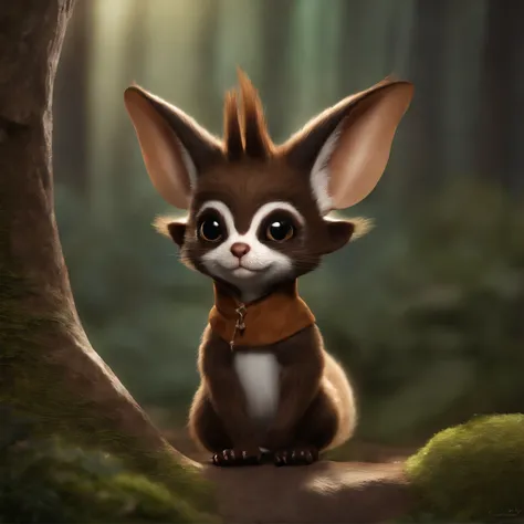 gremlin, like a ferret, Huge eyes, small ears, horns near the ears, big nut in paws, white and brown fur, small fluffy tail, wearing a brown vest with a hood, The clothes, standing in the woods, Best Quality, Masterpiece, in style of dark fantasy art