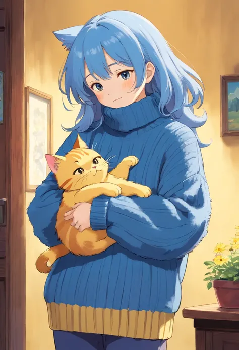 ，Wearing a loose fluffy blue sweater, Standing and hugging yellow cat