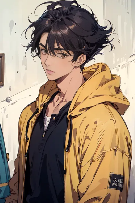 ((Best quality at best)), ((tmasterpiece)), (Detailed pubic hair), s the perfect face, 1boys, Alone, Handsome, Yellow hoodie, with black curled hair, looking at viewert, sportrait, talking to viewer, Fujimoto style，Be real