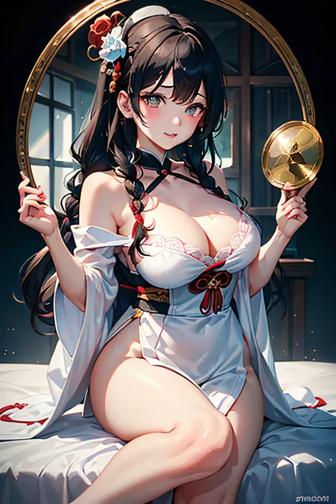 (ukiyoe painting:1.3),(3D Animation:1.3),(Grimm fairy tale world),(schneewigchen,Princess Snow White:1.3),(who is the most beautiful in the world?  A magic mirror that reflects Snow White when you answer questions...))),(((Girl in the mirror;1.3))),(((Luxu...