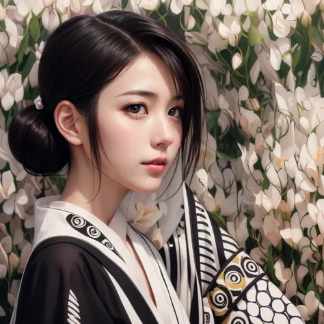 a beautiful young Japanese girl, with black hair, beautiful eyes, silky skin, beautiful lips, wearing a beautiful white kimono, in a field of flowers, a beautiful hyperrealistic art, beautiful photorealistic digital art, intricate details digital art, exqu...